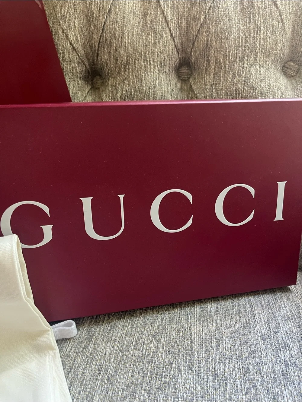 Gucci burgundy gift box, ribbon, bag and linen shoe cover set .